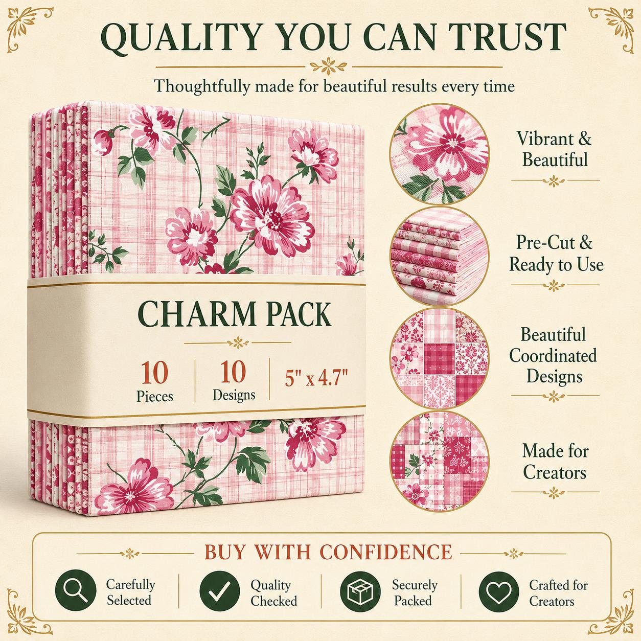 10pcs Charm Pack Set Pink Flower Pattern Vintage Style Pattern Handmade DIY with Rich Color and Texture Elements 100% Polyester Patchwork in 10 Design Styles Suitable for Patchwork DIY Craft Projects DIY Wallet Making Gift Giving Bag Making Mother's Day G