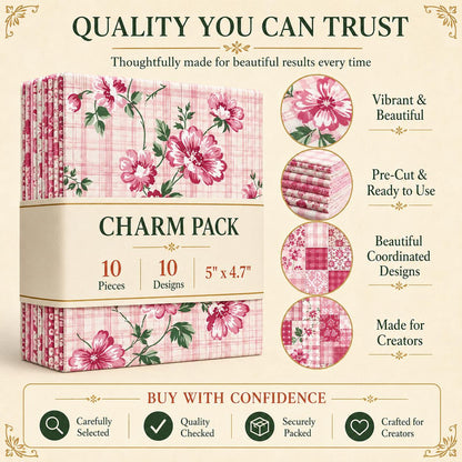 10pcs Charm Pack Set Pink Flower Pattern Vintage Style Pattern Handmade DIY with Rich Color and Texture Elements 100% Polyester Patchwork in 10 Design Styles Suitable for Patchwork DIY Craft Projects DIY Wallet Making Gift Giving Bag Making Mother's Day G