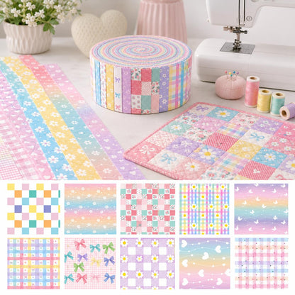 10Pc/Set, Making 10 Images 1pc Each, Each Size: 6.3*50cm Plaid Grid Floral Pink Series Sliced Fabric Set Style Combination, Polyester Jelly Roll Fabric Strips, Pre-Cut Quilting Squares, For Quilting DIY, Handicrafts And Sewing, Blankets, Rugs