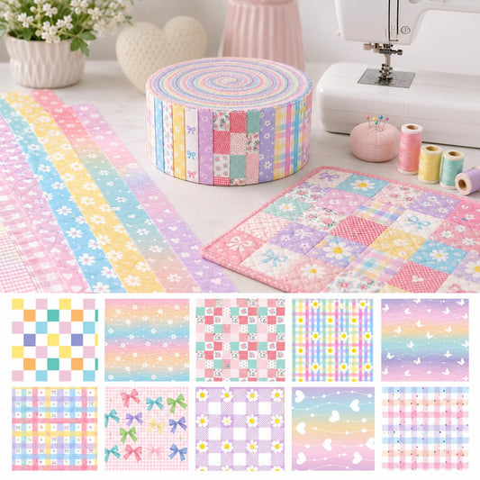 10Pc/Set, Making 10 Images 1pc Each, Each Size: 6.3*50cm Plaid Grid Floral Pink Series Sliced Fabric Set Style Combination, Polyester Jelly Roll Fabric Strips, Pre-Cut Quilting Squares, For Quilting DIY, Handicrafts And Sewing, Blankets, Rugs