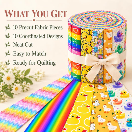 10pcs Vintage Duck  Yellow Pattern Jelly Roll Fabric Strips 2.5X19.7inch Pre-Cut 100% Cotton For Patchwork Quilts, Table Runners, Placemats, Tote Bags, Storage Pouches, Makeup Bags, Coasters, Quilt Blocks & Binding