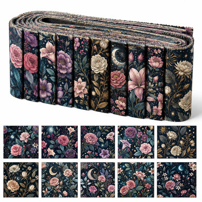 10pcs Vintage Floral Burgundy Moon Pattern Jelly Roll Fabric Strips 2.5X19.7inch Pre-Cut 100% Polyester For Patchwork Quilts, Table Runners, Placemats, Tote Bags, Storage Pouches, Makeup Bags, Coasters, Quilt Blocks & Binding