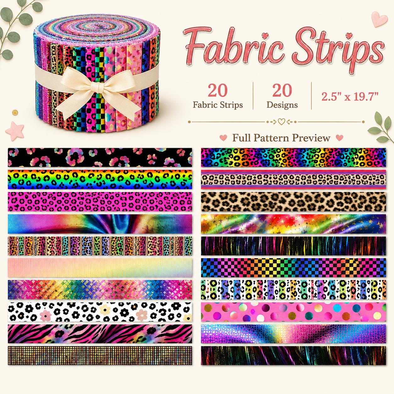 20pcs Vintage  Leopard Colorful Golden Hot Stamping Series Jelly Roll Sliced Fabric Strips 2.5X19.7inch Delicate Printed Multi-Color 100% Polyester for DIY Handmade Patchwork, Table Runners, Placemats, Tote Bags, Storage Pouches, Makeup Bags, Coasters