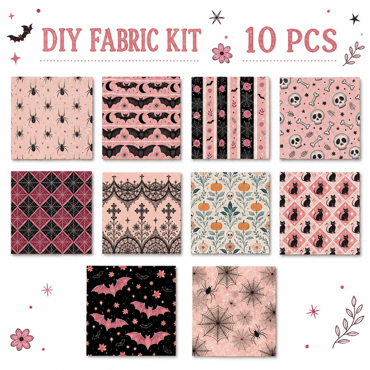 10pcs Charm Pack Set Bat Pumpkin Skull Halloween Vintage Style Pattern Handmade DIY with Rich Color and Texture Elements 100% Polyester Patchwork in 10 Design Styles Suitable for Patchwork DIY Craft Projects DIY Wallet Making Gift Giving Bag Making