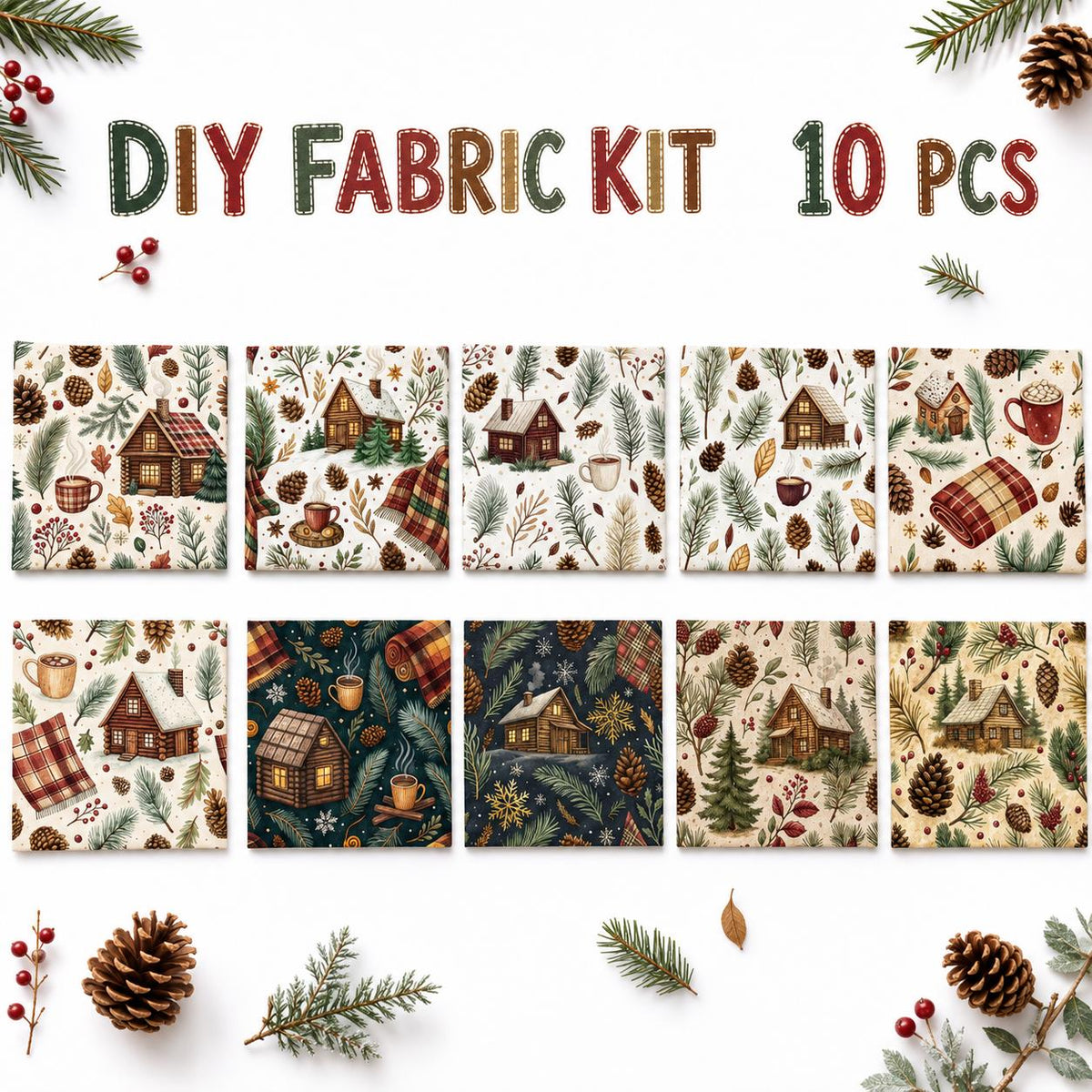 10Pc/Set Christmas Series Cup Tree House Coffee Plaid Fat Quarter Fabric, Pre-Cut Square Fabric Assort, Fabric Set, Craft Fabric, Handmade DIY Patchwork Fabric,Home Quilting Sewing Fabric, Packaging Fabric, Scrapbooking Craft Hobbyist