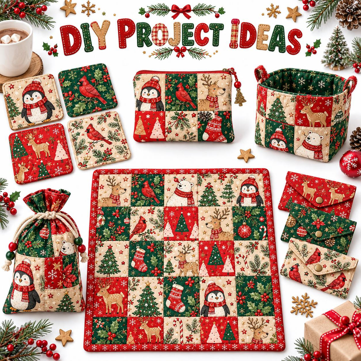 10Pc/Set Christmas Series Flower Bell Star Tree Penguin Bear Holly Crutch Pinecones Northern Cardinal Fat Quarter Fabric, Pre-Cut Square Fabric Assort, Fabric Set, Craft Fabric, Handmade DIY Patchwork Fabric,Home Quilting Sewing Fabric, Packaging Fabric,