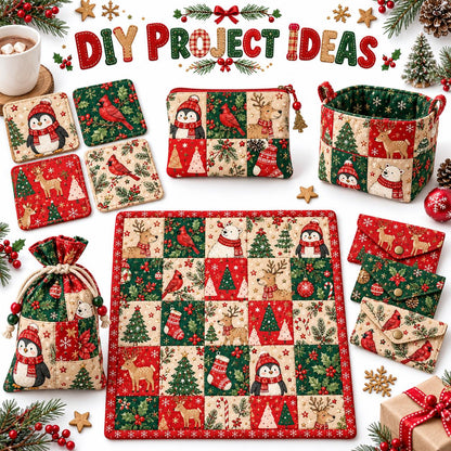 10Pc/Set Christmas Series Flower Bell Star Tree Penguin Bear Holly Crutch Pinecones Northern Cardinal Fat Quarter Fabric, Pre-Cut Square Fabric Assort, Fabric Set, Craft Fabric, Handmade DIY Patchwork Fabric,Home Quilting Sewing Fabric, Packaging Fabric,