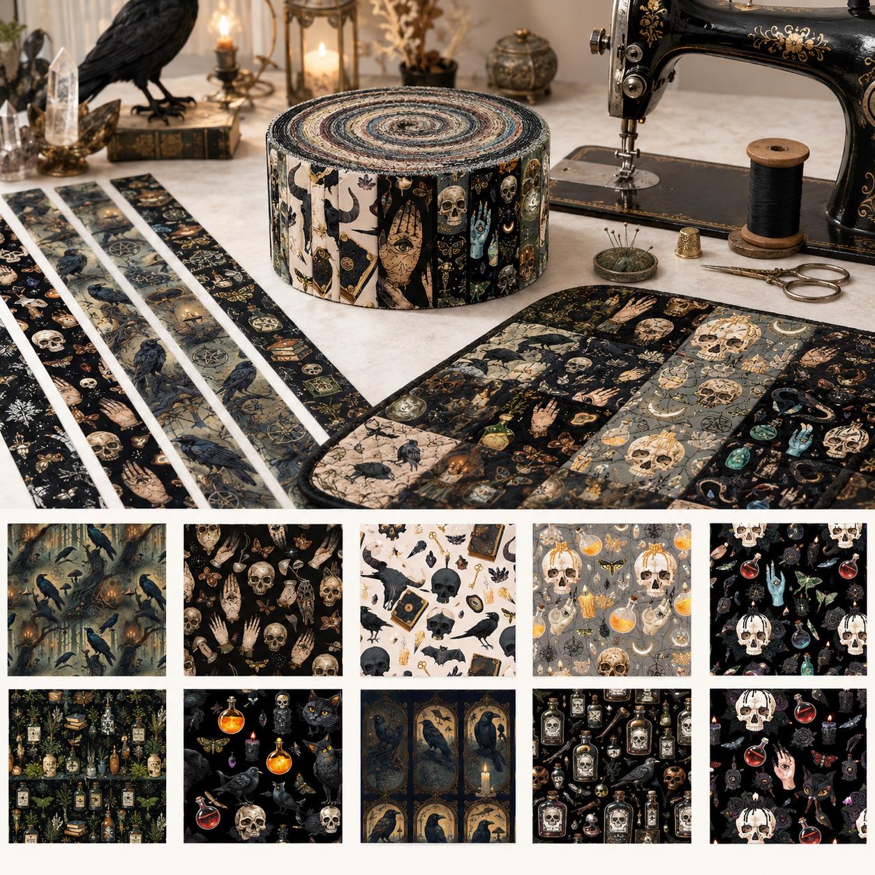 10pcs Vintage Skull Crow Black Pattern Jelly Roll Fabric Strips 2.5X19.7inch Pre-cut 100% Polyester for Patchwork Quilts, Table Runners, Placemats, Tote Bags, Storage Pouches, Makeup Bags, Coasters, Quilt Blocks & Binding