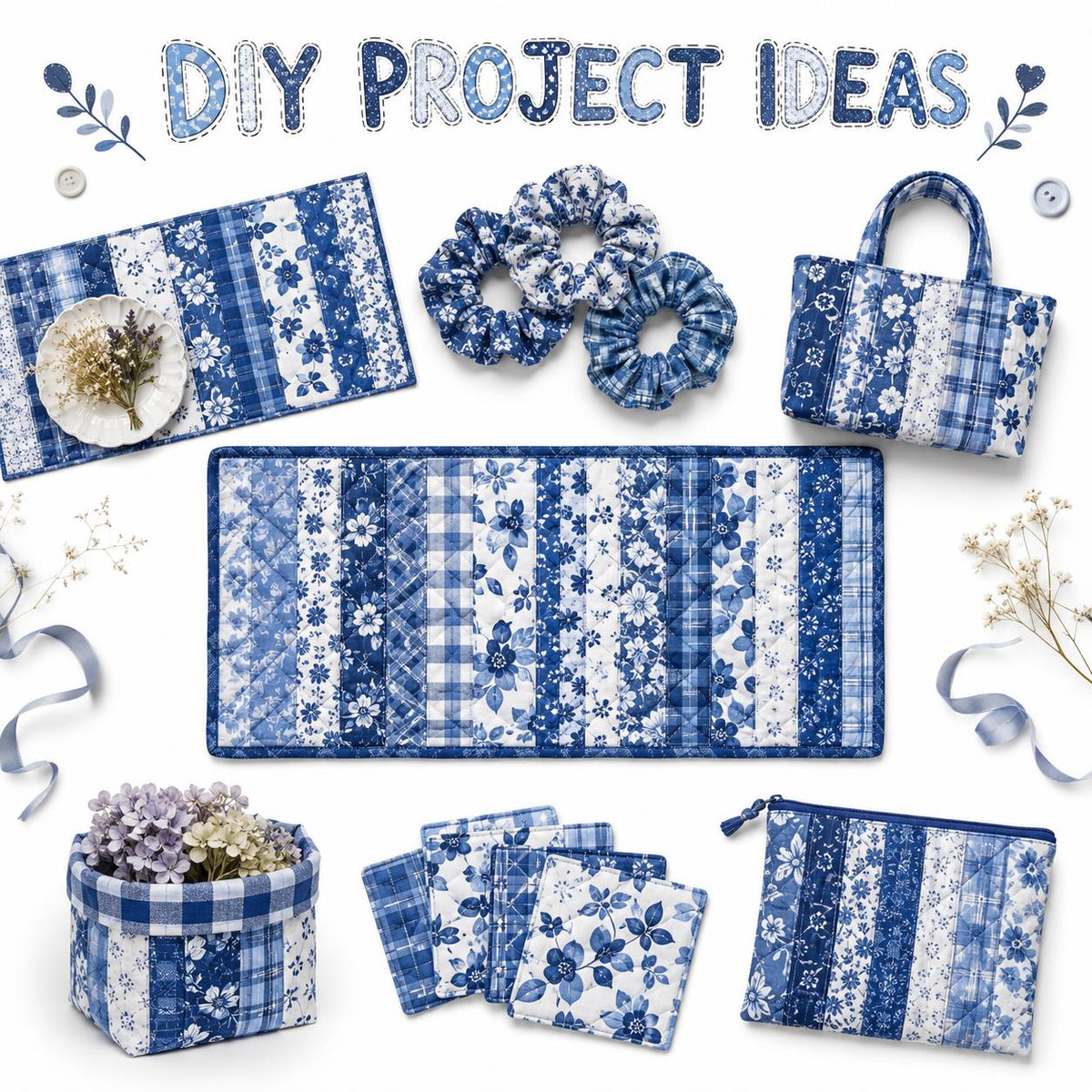 10pcs Vintage Floral Plaid Blue Pattern Jelly Roll Fabric Strips 2.5X19.7inch Pre-cut 100% Polyester for Patchwork Quilts, Table Runners, Placemats, Tote Bags, Storage Pouches, Makeup Bags, Coasters, Quilt Blocks & Binding Multi-color