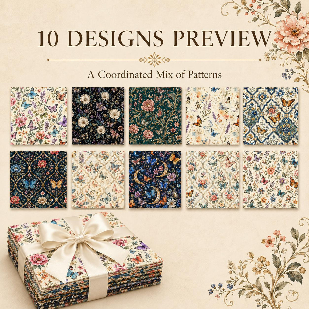 10pcs Charm Pack Set Floral Butterfly Pattern Vintage Style Handmade DIY with Rich Color and Texture Elements 100% Polyester Patchwork in 10 Design Styles Suitable for Patchwork DIY Craft Projects DIY Wallet Making Gift Giving Bag Making Mother's Day Gift