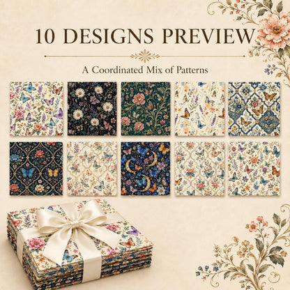 10pcs Charm Pack Set Floral Butterfly Pattern Vintage Style Handmade DIY with Rich Color and Texture Elements 100% Polyester Patchwork in 10 Design Styles Suitable for Patchwork DIY Craft Projects DIY Wallet Making Gift Giving Bag Making Mother's Day Gift