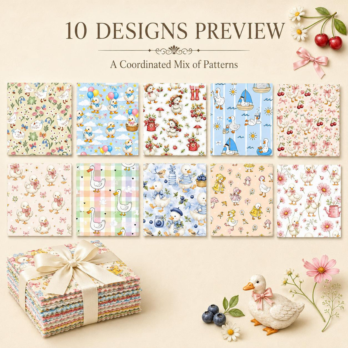 10pcs Charm Pack Set Duck Fruit Berry Pattern Vintage Style Handmade DIY with Rich Color and Texture Elements 100% Polyester Patchwork in 10 Design Styles Suitable for Patchwork DIY Craft Projects DIY Wallet Making Gift Giving Bag Making Mother's Day Gift