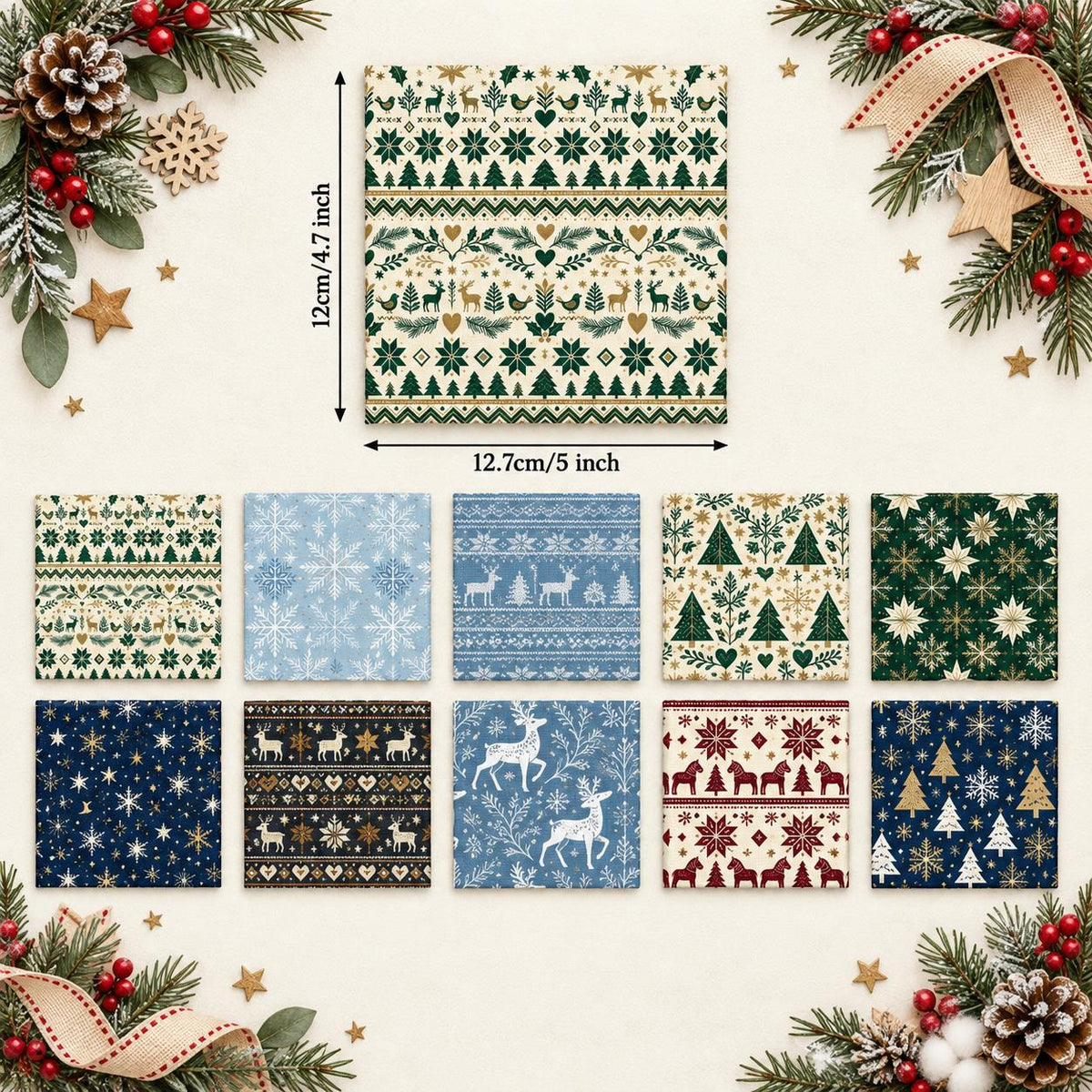 10Pc/Set Christmas Series Stripe Heart Star Bird Deer Horse Tree Pinecones Fat Quarter Fabric, Pre-Cut Square Fabric Assort, Fabric Set, Craft Fabric, Handmade DIY Patchwork Fabric,Home Quilting Sewing Fabric, Packaging Fabric, Scrapbooking Craft Hobbyist