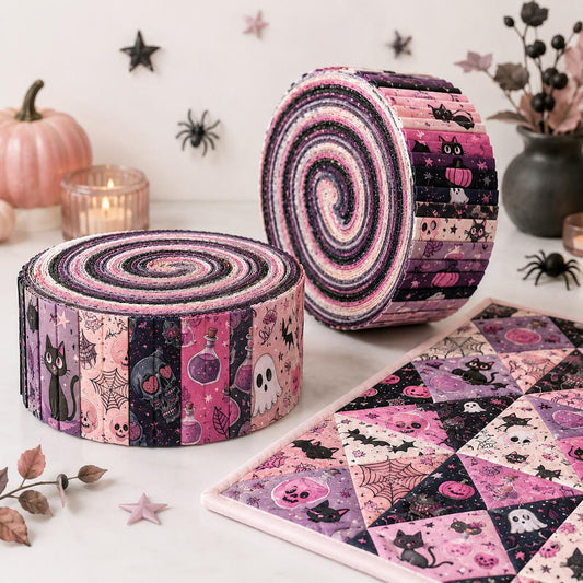 10pcs Vintage Ghost Skull Cat Bat Halloween Theme Jelly Roll Fabric Strips 2.5X19.7inch Pre-Cut 100% Polyester For Patchwork Quilts, Table Runners, Placemats, Tote Bags, Storage Pouches, Makeup Bags, Coasters, Quilt Blocks & Binding