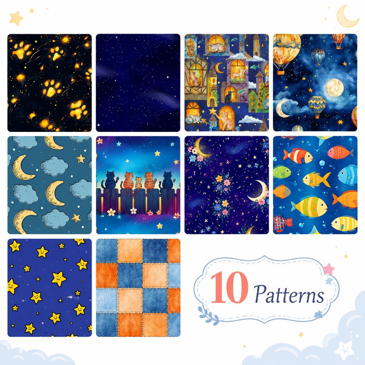 10pcs Vintage Moon Cat Fish Night Pattern Jelly Roll Fabric Strips 2.5X19.7inch Pre-cut 100% Polyester for Patchwork Quilts, Table Runners, Placemats, Tote Bags, Storage Pouches, Makeup Bags, Coasters, Quilt Blocks & Binding Halloween Gift