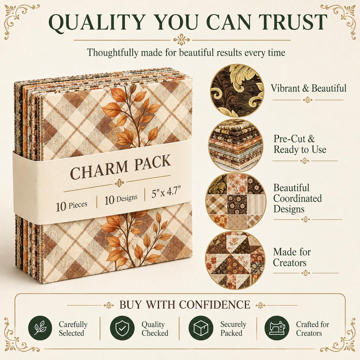 10pcs Charm Pack Set Floral Autumn Pattern Vintage Style Pattern Handmade DIY with Rich Color and Texture Elements 100% Polyester Patchwork in 10 Design Styles Suitable for Patchwork DIY Craft Projects DIY Wallet Making Gift Giving Bag Making