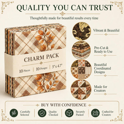 10pcs Charm Pack Set Floral Autumn Pattern Vintage Style Pattern Handmade DIY with Rich Color and Texture Elements 100% Polyester Patchwork in 10 Design Styles Suitable for Patchwork DIY Craft Projects DIY Wallet Making Gift Giving Bag Making