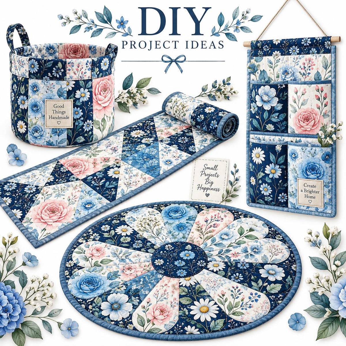 10pcs Vintage Blue Floral Pattern Jelly Roll Fabric Strips 2.5X19.7inch Pre-Cut 100% Polyester For Patchwork Quilts, Table Runners, Placemats, Tote Bags, Storage Pouches, Makeup Bags, Coasters, Quilt Blocks & Binding