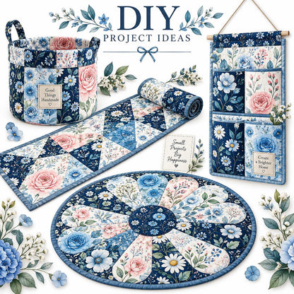10pcs Vintage Blue Floral Pattern Jelly Roll Fabric Strips 2.5X19.7inch Pre-Cut 100% Polyester For Patchwork Quilts, Table Runners, Placemats, Tote Bags, Storage Pouches, Makeup Bags, Coasters, Quilt Blocks & Binding