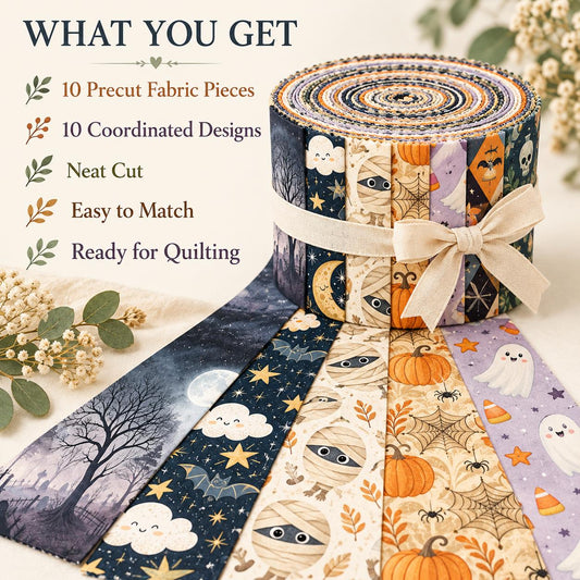 10pcs Vintage Pumpkin Bat Ghost Moon Halloween Theme Jelly Roll Fabric Strips 2.5X19.7inch Pre-Cut 100% Polyester For Patchwork Quilts, Table Runners, Placemats, Tote Bags, Storage Pouches, Makeup Bags, Coasters, Quilt Blocks & Binding