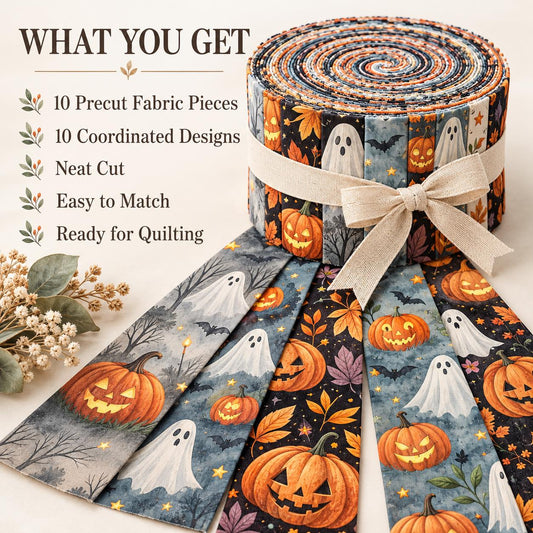10pcs Vintage Pumpkin Ghost Halloween Theme Jelly Roll Fabric Strips 2.5X19.7inch Pre-Cut 100% Polyester For Patchwork Quilts, Table Runners, Placemats, Tote Bags, Storage Pouches, Makeup Bags, Coasters, Quilt Blocks & Binding
