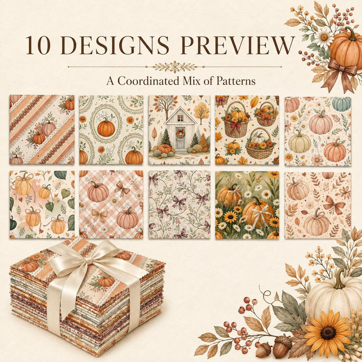 10pcs Charm Pack Set Pumpkin Autumn Pattern Vintage Style Handmade DIY with Rich Color and Texture Elements 100% Polyester Patchwork in 10 Design Styles Suitable for Patchwork DIY Craft Projects DIY Wallet Making Gift Giving Bag Making Mother's Day Gift