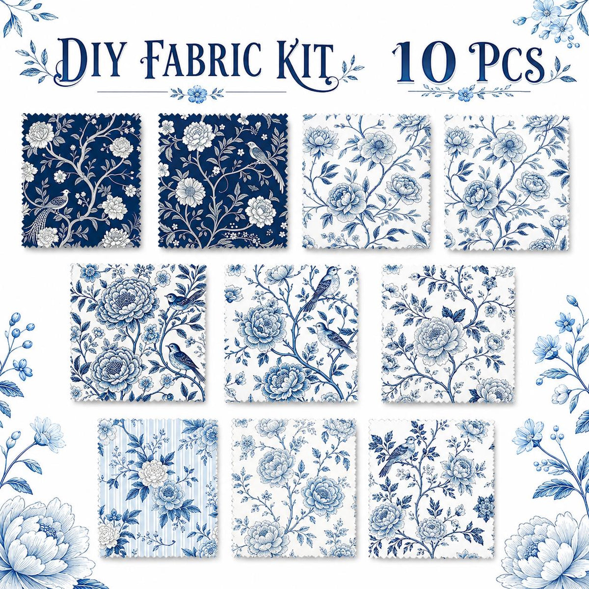 10Pc/Set Flower Blue Series Bird Leaves Fat Quarter Fabric, Pre-Cut Square Fabric Assort, Fabric Set, Craft Fabric, Handmade DIY Patchwork Fabric,Home Quilting Sewing Fabric, Packaging Fabric, Scrapbooking Craft Hobbyist