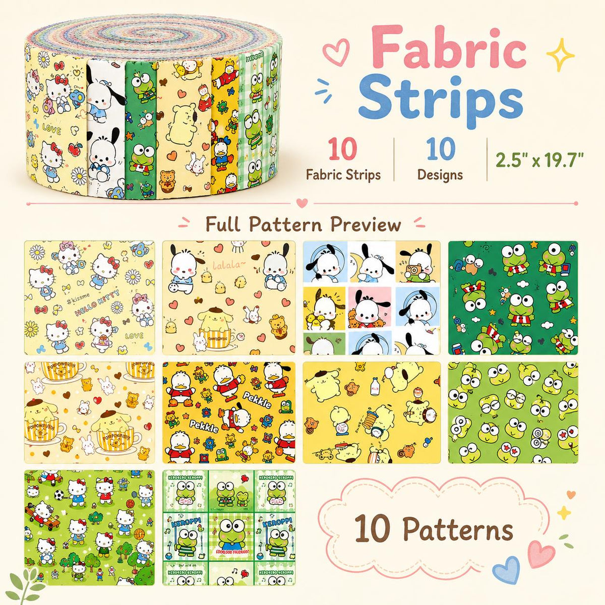 10pcs/Set, Making 10 Images 1pc Each, Each Size: 2.48*19.69inch Hello Kitty Pochacco Sanrio Series Sliced Fabric Set Style Combination, Polyester Jelly Roll Fabric Strips, Pre-Cut Quilting Squares, for Quilting DIY, Handicrafts And Sewing, Blankets, Rugs