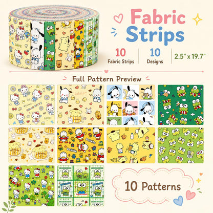 10pcs/Set, Making 10 Images 1pc Each, Each Size: 2.48*19.69inch Hello Kitty Pochacco Sanrio Series Sliced Fabric Set Style Combination, Polyester Jelly Roll Fabric Strips, Pre-Cut Quilting Squares, for Quilting DIY, Handicrafts And Sewing, Blankets, Rugs
