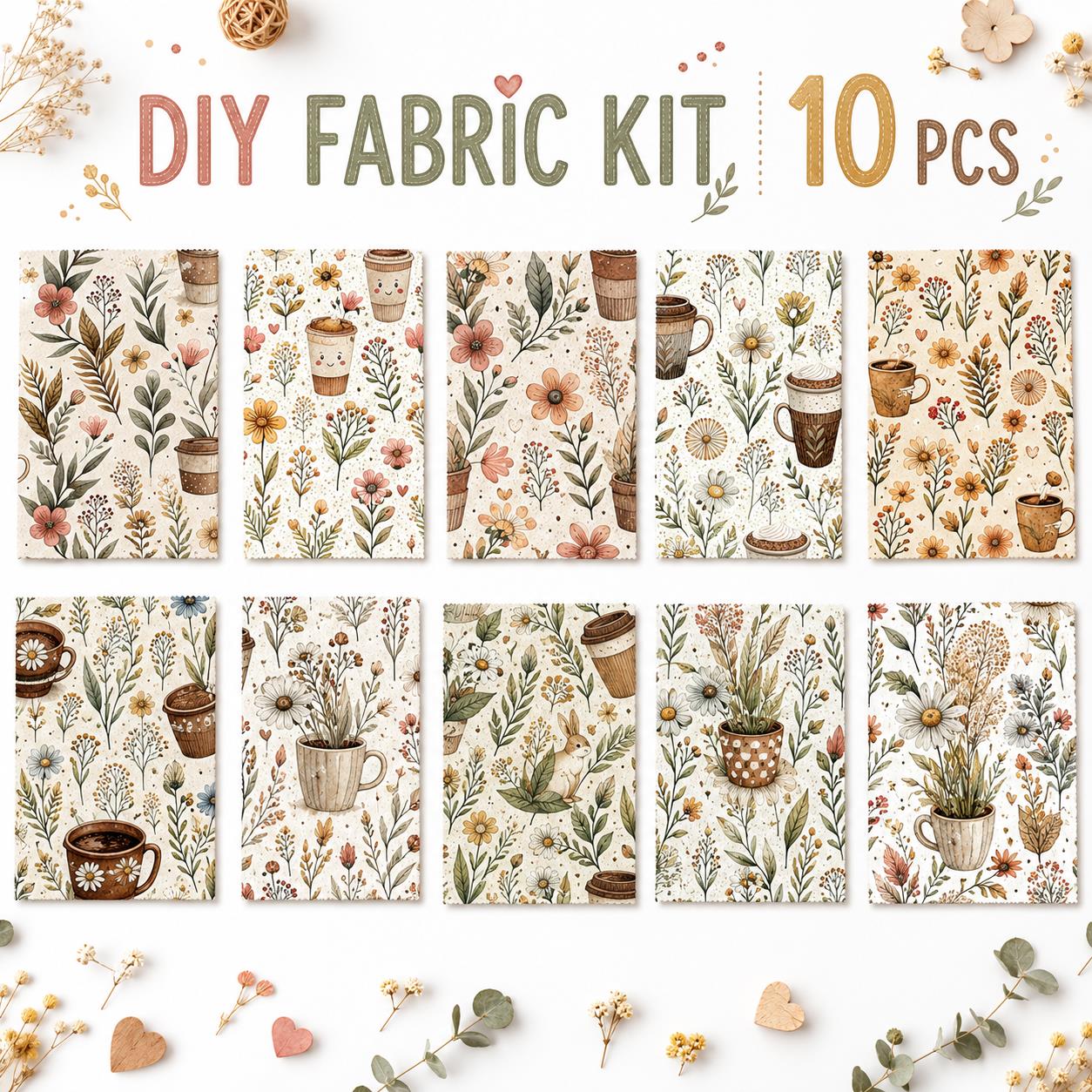 10Pc/Set Flower Series Rabbit Coffee Fat Quarter Fabric, Pre-Cut Square Fabric Assort, Fabric Set, Craft Fabric, Handmade DIY Patchwork Fabric,Home Quilting Sewing Fabric, Packaging Fabric, Scrapbooking Craft Hobbyist
