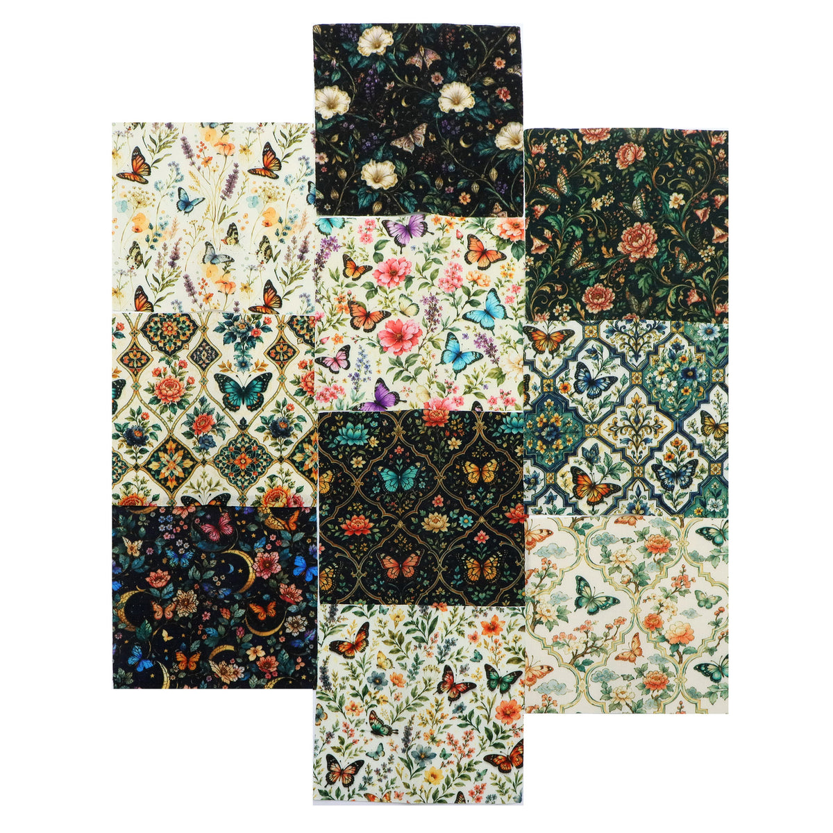 10pcs Charm Pack Set Floral Butterfly Pattern Vintage Style Handmade DIY with Rich Color and Texture Elements 100% Polyester Patchwork in 10 Design Styles Suitable for Patchwork DIY Craft Projects DIY Wallet Making Gift Giving Bag Making Mother's Day Gift