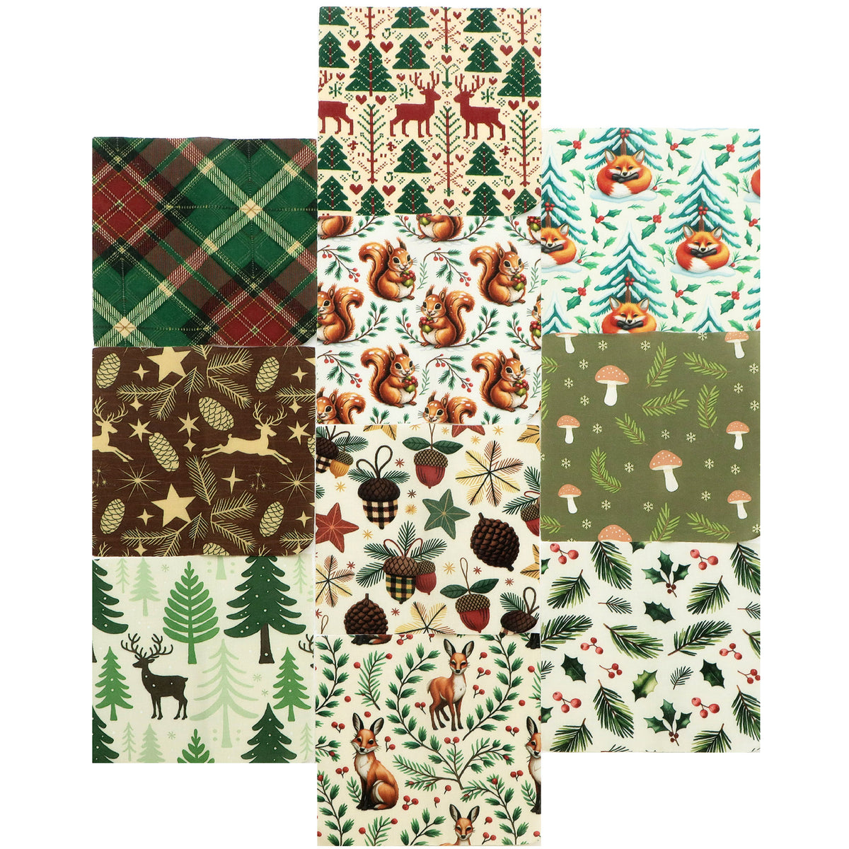10Pc/Set Christmas Series Star Deer Fox Squirrel Holly Pinecones Fat Quarter Fabric, Pre-Cut Square Fabric Assort, Fabric Set, Craft Fabric, Handmade DIY Patchwork Fabric,Home Quilting Sewing Fabric, Packaging Fabric, Scrapbooking Craft Hobbyist
