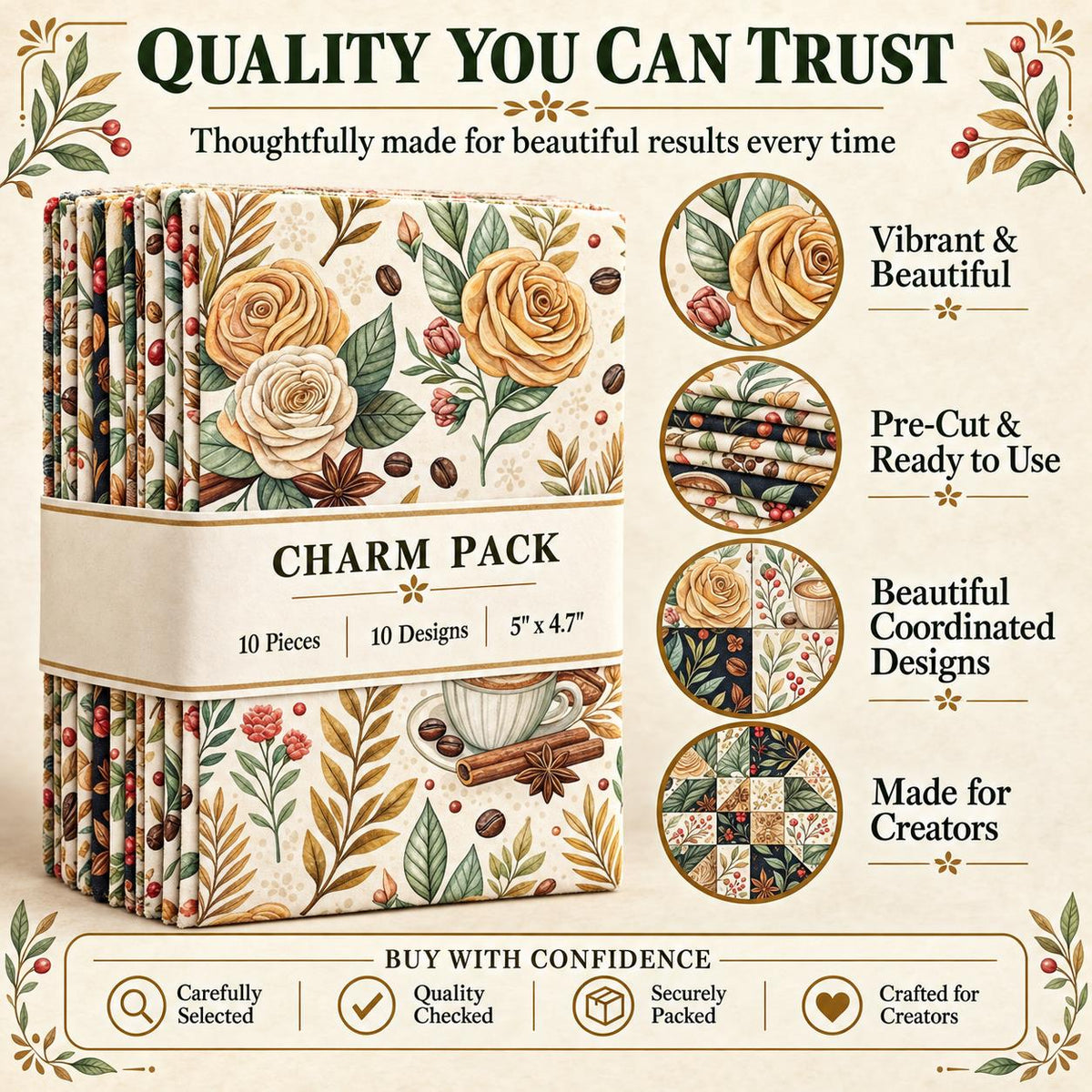 10Pc/Set Christmas Flower Coffee Beans Coffee Series Fat Quarter Fabric, Pre-Cut Square Fabric Assort, Fabric Set, Craft Fabric, Handmade DIY Patchwork Fabric,Home Quilting Sewing Fabric, Packaging Fabric, Scrapbooking Craft Hobbyist