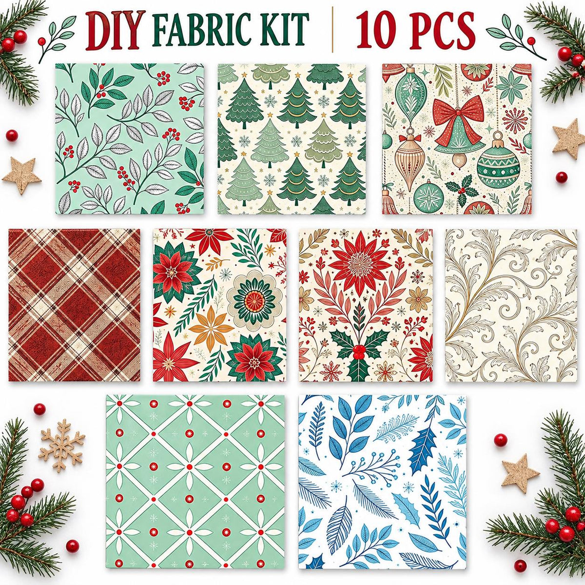 10Pc/Set Christmas Flower Series Plaid Tree Bell Fat Quarter Fabric, Pre-Cut Square Fabric Assort, Fabric Set, Craft Fabric, Handmade DIY Patchwork Fabric,Home Quilting Sewing Fabric, Packaging Fabric, Scrapbooking Craft Hobbyist