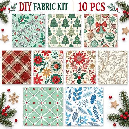 10Pc/Set Christmas Flower Series Plaid Tree Bell Fat Quarter Fabric, Pre-Cut Square Fabric Assort, Fabric Set, Craft Fabric, Handmade DIY Patchwork Fabric,Home Quilting Sewing Fabric, Packaging Fabric, Scrapbooking Craft Hobbyist