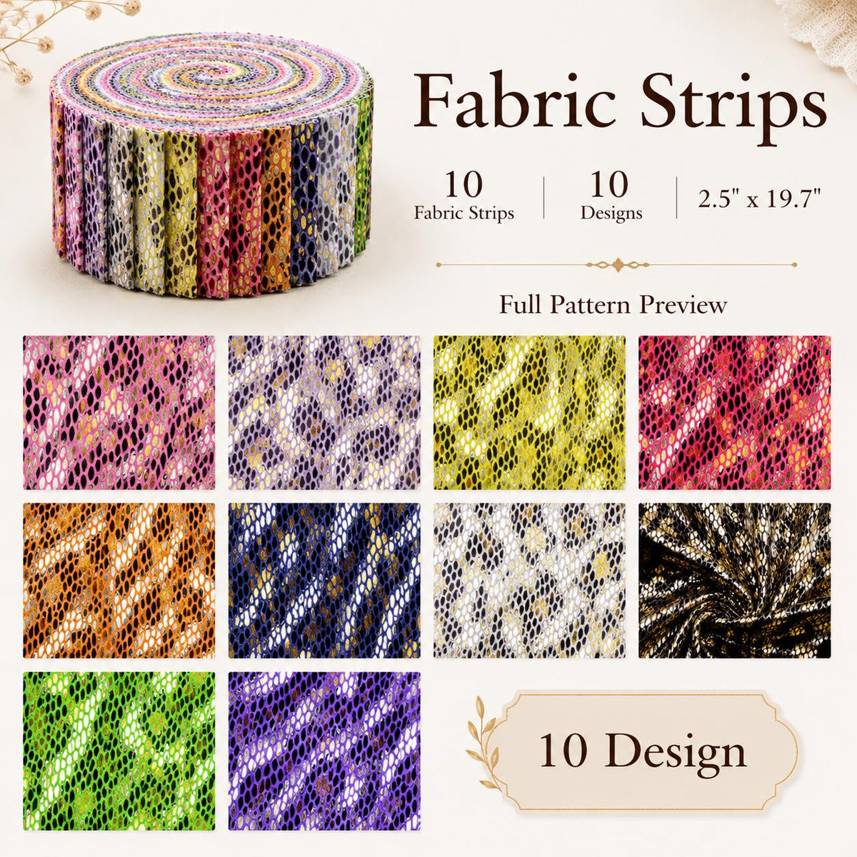 10pcs Vintage Snake Pattern Metallic Jelly Roll Fabric Strips 2.5X19.7inch Pre-Cut 100% Polyester For Patchwork Quilts, Table Runners, Placemats, Tote Bags, Storage Pouches, Makeup Bags, Coasters, Quilt Blocks & Binding
