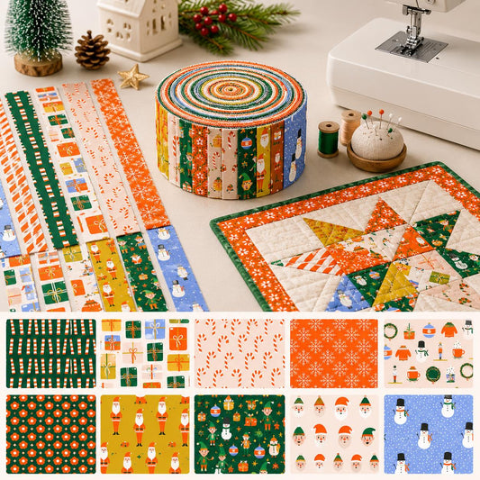 10pcs Vintage Santa Snowman Christmas Theme Jelly Roll Fabric Strips 2.5X19.7inch Pre-Cut 100% Polyester For Patchwork Quilts, Table Runners, Placemats, Tote Bags, Storage Pouches, Makeup Bags, Coasters, Quilt Blocks & Binding