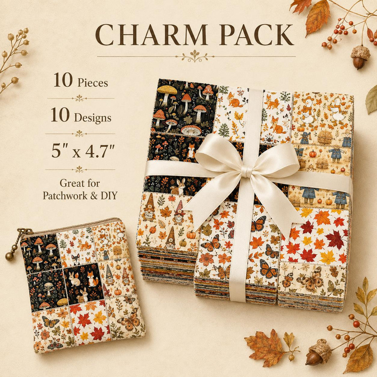 10Pc/Set Autumn Series Pumpkin Maple Leaf Thanksgiving Day Turkey Mushroom Duck Fat Quarter Fabric, Pre-Cut Square Fabric Assort, Fabric Set, Craft Fabric, Handmade DIY Patchwork Fabric,Home Quilting Sewing Fabric, Packaging Fabric, Scrapbooking Craft Hob