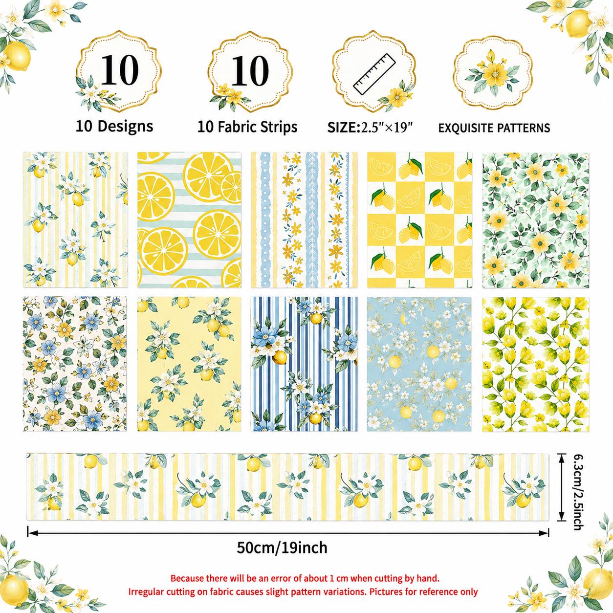 10Pc/Set, Making 10 Images 1pc Each, Each Size: 6.3*50cm Floral Plaid Lemon Series Sliced Fabric Set Style Combination, Polyester Jelly Roll Fabric Strips, Pre-Cut Quilting Squares, For Quilting DIY, Handicrafts And Sewing, Blankets, Rugs