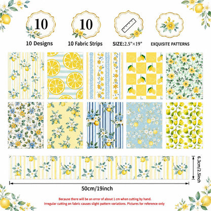 10Pc/Set, Making 10 Images 1pc Each, Each Size: 6.3*50cm Floral Plaid Lemon Series Sliced Fabric Set Style Combination, Polyester Jelly Roll Fabric Strips, Pre-Cut Quilting Squares, For Quilting DIY, Handicrafts And Sewing, Blankets, Rugs