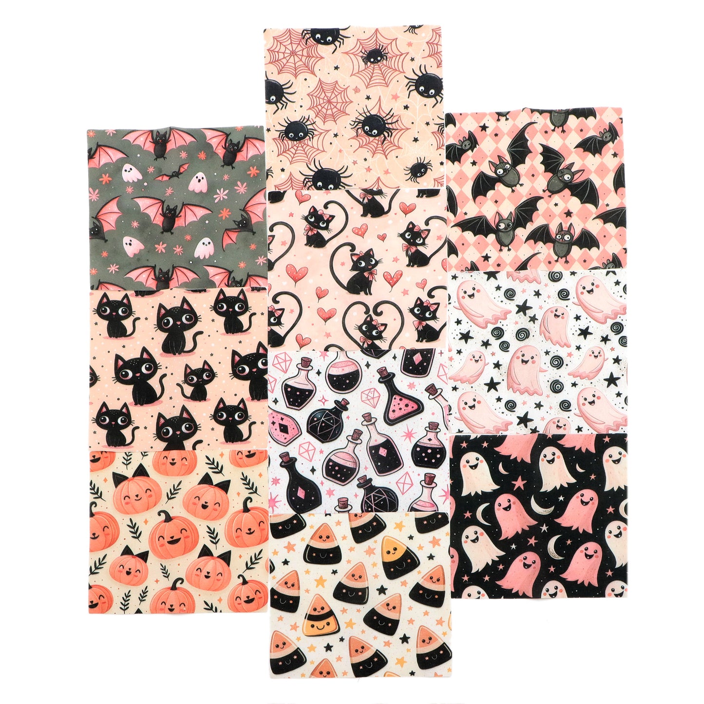 10pcs Charm Pack Set  Bat Ghost Cat Pumpkin Halloween Vintage Style Pattern Handmade DIY with Rich Color and Texture Elements 100% Polyester Patchwork in 10 Design Styles Suitable for Patchwork DIY Craft Projects DIY Wallet Making Gift Giving Bag Making