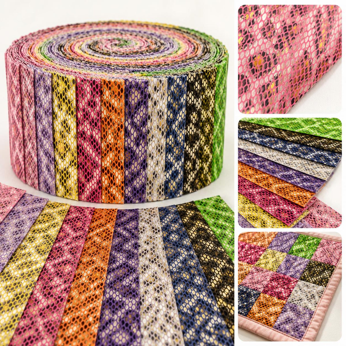 10pcs Vintage Snake Pattern Metallic Jelly Roll Fabric Strips 2.5X19.7inch Pre-Cut 100% Polyester For Patchwork Quilts, Table Runners, Placemats, Tote Bags, Storage Pouches, Makeup Bags, Coasters, Quilt Blocks & Binding