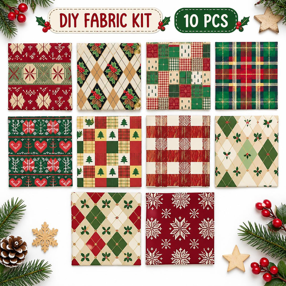 10Pc/Set Christmas Series Stripe Heart Plaid Holly Pinecones Fat Quarter Fabric, Pre-Cut Square Fabric Assort, Fabric Set, Craft Fabric, Handmade DIY Patchwork Fabric,Home Quilting Sewing Fabric, Packaging Fabric, Scrapbooking Craft Hobbyist