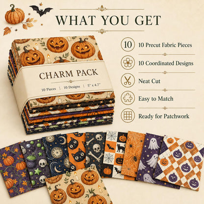 10pcs Charm Pack Set Bat Pumpkin Skull Cat Halloween Vintage Style Pattern Handmade DIY with Rich Color and Texture Elements 100% Polyester Patchwork in 10 Design Styles Suitable for Patchwork DIY Craft Projects DIY Wallet Making Gift Giving Bag Making