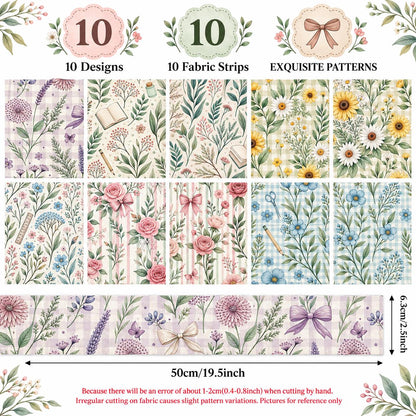10pcs Vintage Floral Pattern Jelly Roll Fabric Strips 2.5X19.7inch Pre-Cut 100% Polyester For Patchwork Quilts, Table Runners, Placemats, Tote Bags, Storage Pouches, Makeup Bags, Coasters, Quilt Blocks & Binding