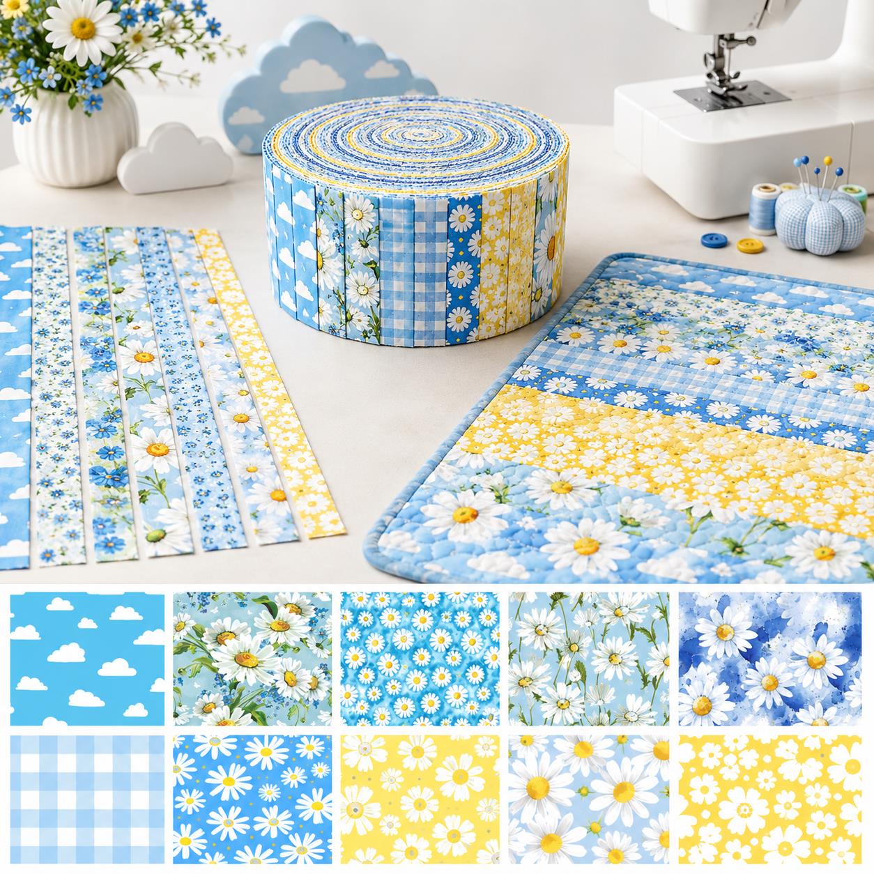 10Pc/Set, Making 10 Images 1pc Each, Each Size: 6.3*50cm Floral Daisy Blue Series Sliced Fabric Set Style Combination, Polyester Jelly Roll Fabric Strips, Pre-Cut Quilting Squares, For Quilting DIY, Handicrafts And Sewing, Blankets, Rugs