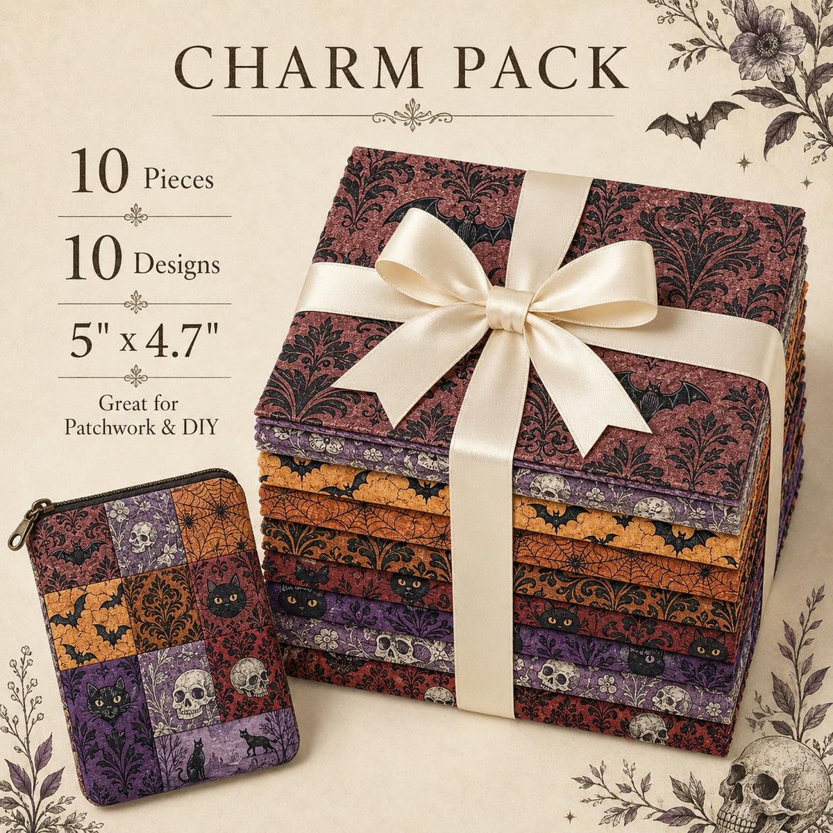 10Pc/Set Halloween Series Flower Skull Spider Web Bat Fat Quarter Fabric, Pre-Cut Square Fabric Assort, Fabric Set, Craft Fabric, Handmade DIY Patchwork Fabric,Home Quilting Sewing Fabric, Packaging Fabric, Scrapbooking Craft Hobbyist