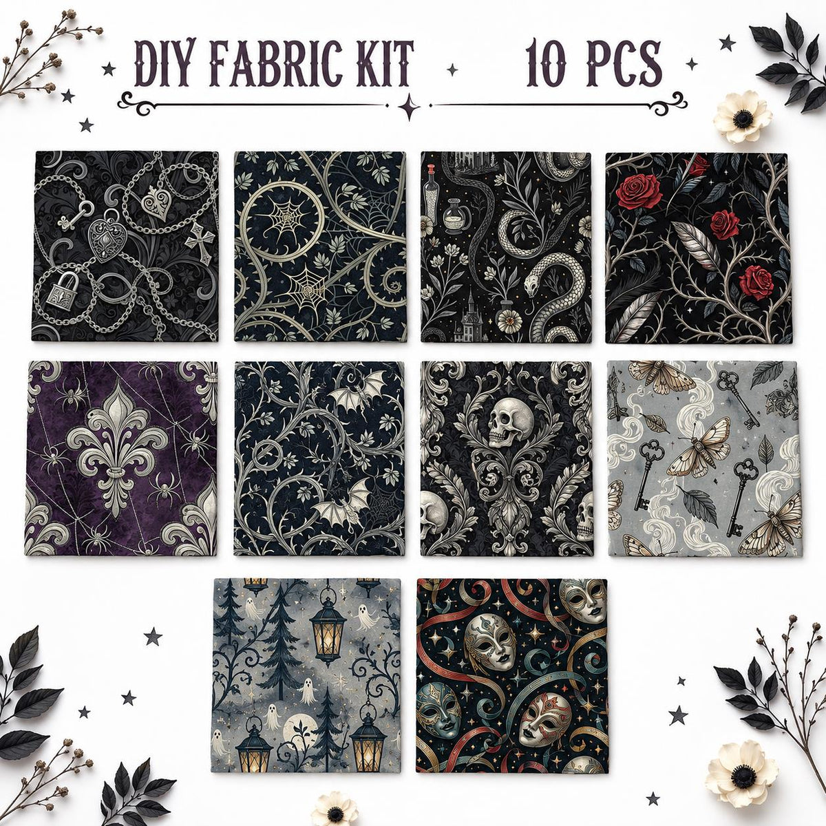 10Pc/Set Halloween Black Series Flower Skull Heart Butterfly Bat Fat Quarter Fabric, Pre-Cut Square Fabric Assort, Fabric Set, Craft Fabric, Handmade DIY Patchwork Fabric,Home Quilting Sewing Fabric, Packaging Fabric, Scrapbooking Craft Hobbyist