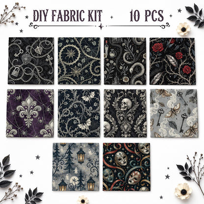 10Pc/Set Halloween Black Series Flower Skull Heart Butterfly Bat Fat Quarter Fabric, Pre-Cut Square Fabric Assort, Fabric Set, Craft Fabric, Handmade DIY Patchwork Fabric,Home Quilting Sewing Fabric, Packaging Fabric, Scrapbooking Craft Hobbyist