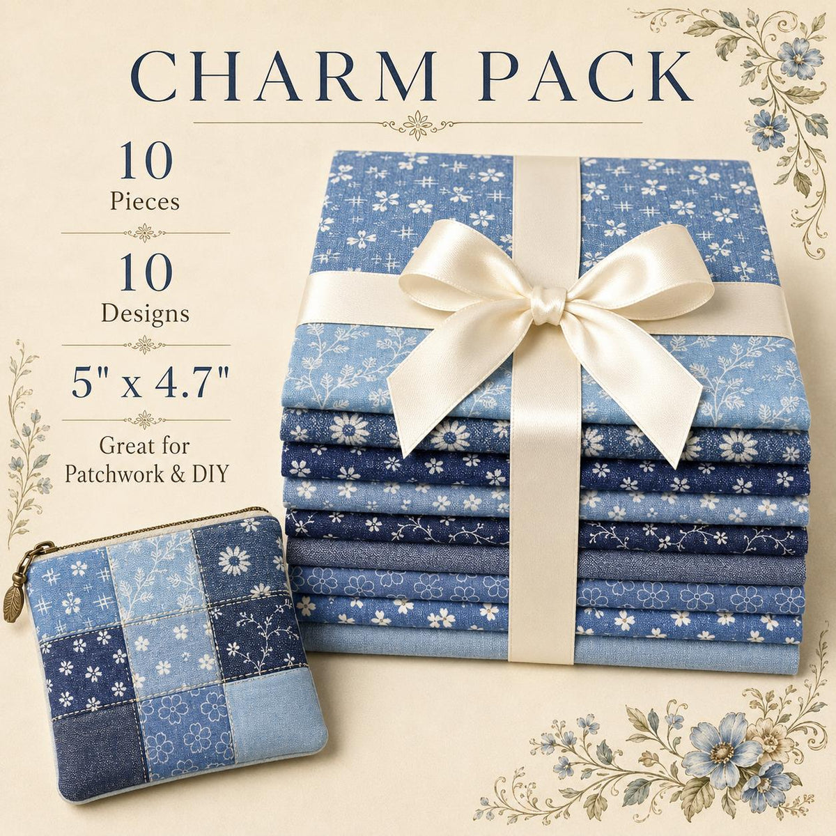 10Pc/Set Flower Denim Series Fat Quarter Fabric, Pre-Cut Square Fabric Assort, Fabric Set, Craft Fabric, Handmade DIY Patchwork Fabric,Home Quilting Sewing Fabric, Packaging Fabric, Scrapbooking Craft Hobbyist